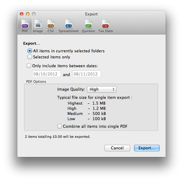 NeatWorks Export dialog box