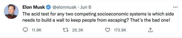 The acid test for any two competing socioeconomic systems is which side needs to build a wall to keep people from escaping? That's the bad one!