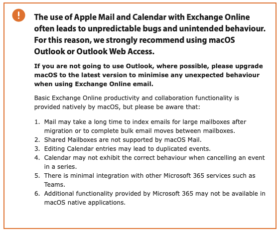 Warnings about why Outlook is the only safe desktop client to use with Exchange